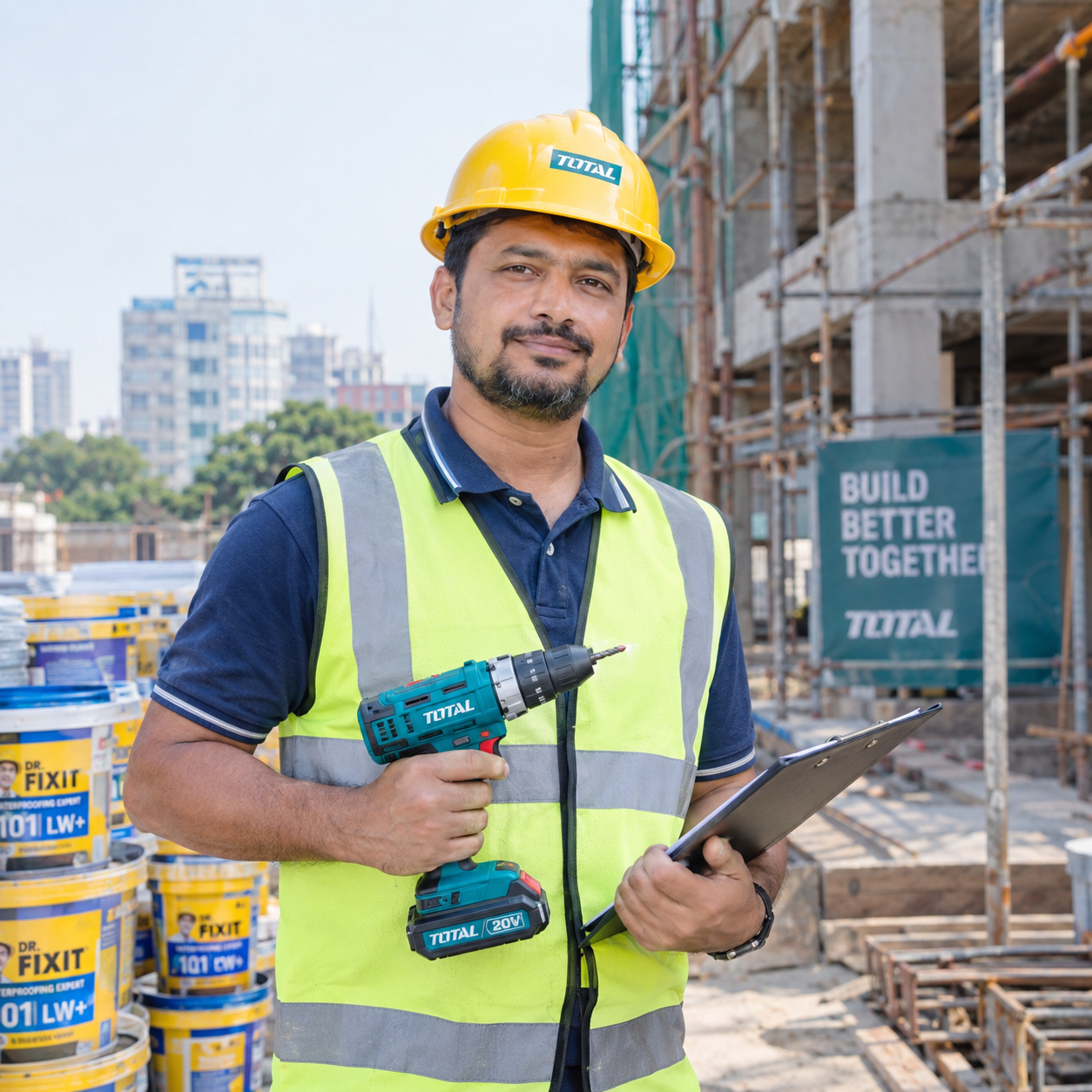 Satisfied Bangladeshi construction contractor holding power tools from NSB Tools