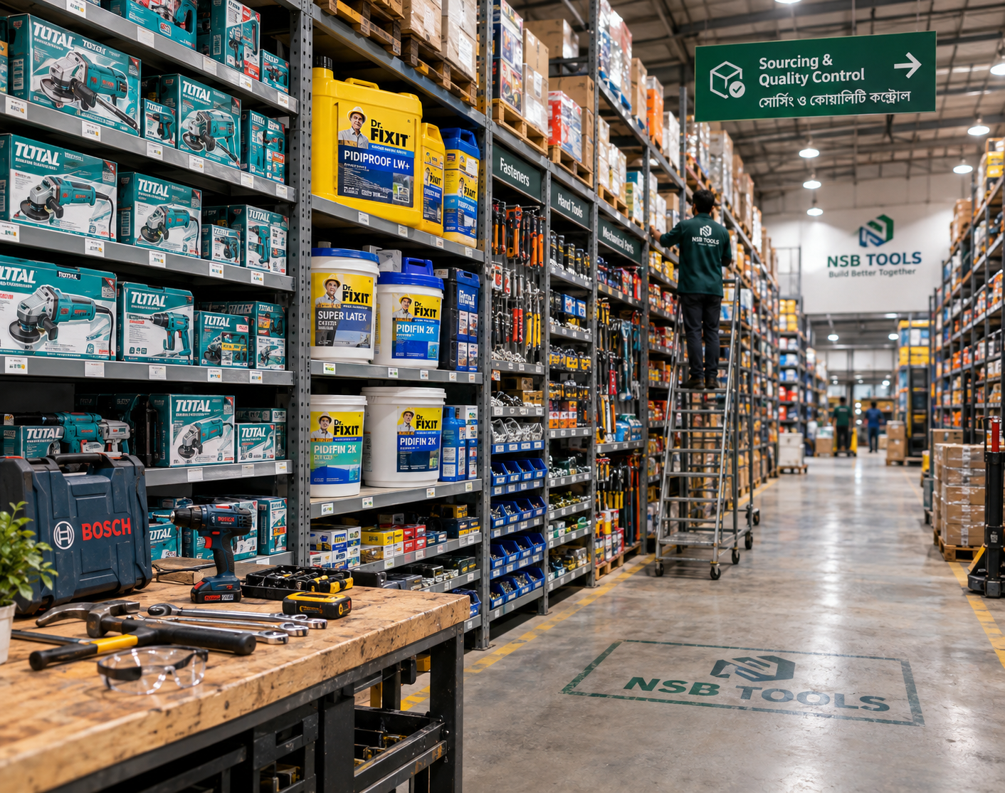 NSB Tools warehouse showing industrial hardware, Total power tools, and Dr Fixit construction chemicals in Bangladesh